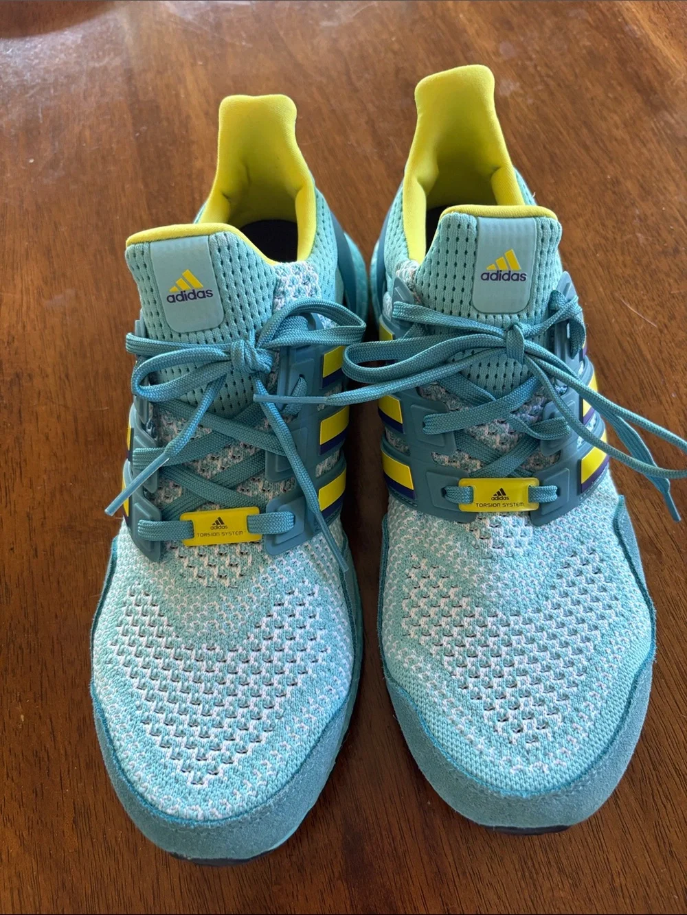 adidas Aqua Teal Knit Running Shoes with Yellow Accents
